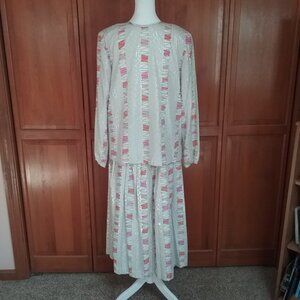 Breckenridge Two-Piece White Blouse and Skirt Set with Pattern Design